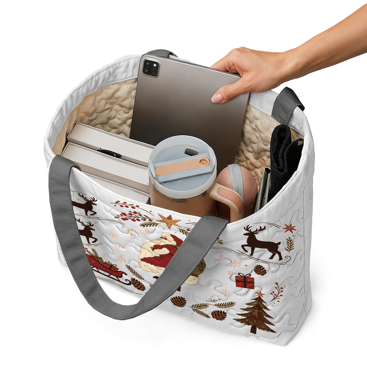 Santa Reindeer LumLock™ Lightweight Quilted Tote Bag