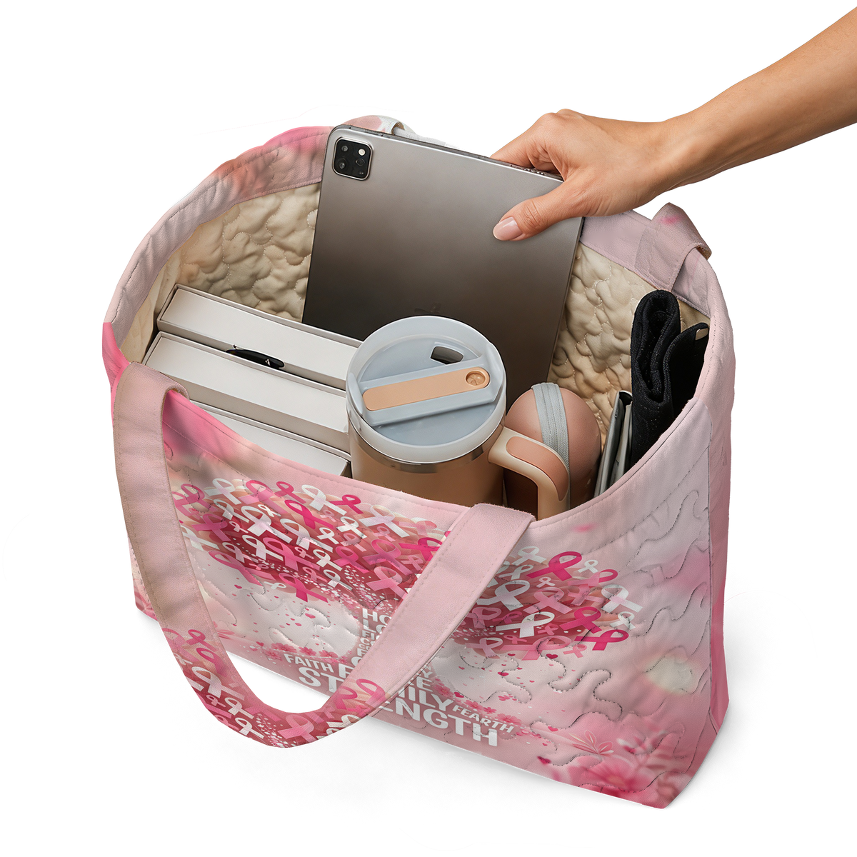 Hope & Strength Ribbon Tree Quilted Tote Bag LumLock™ Lightweight Quilted Tote Bag