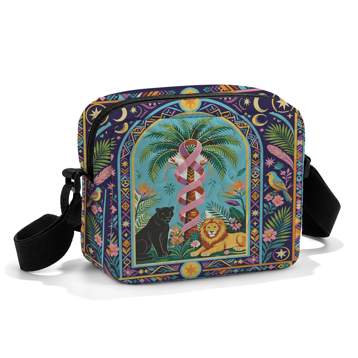 October Moon Ribbon Leopard and Lion LumLock™ Lightweight Quilted Shoulder Bag Crossbody