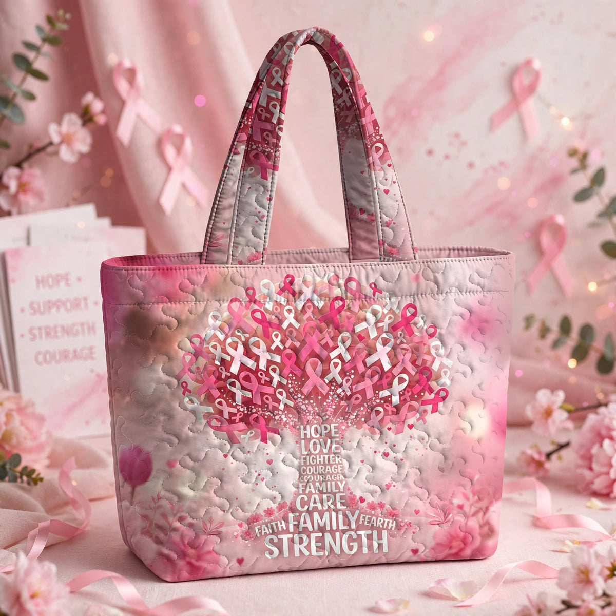 Hope & Strength Ribbon Tree Quilted Tote Bag LumLock™ Lightweight Quilted Tote Bag