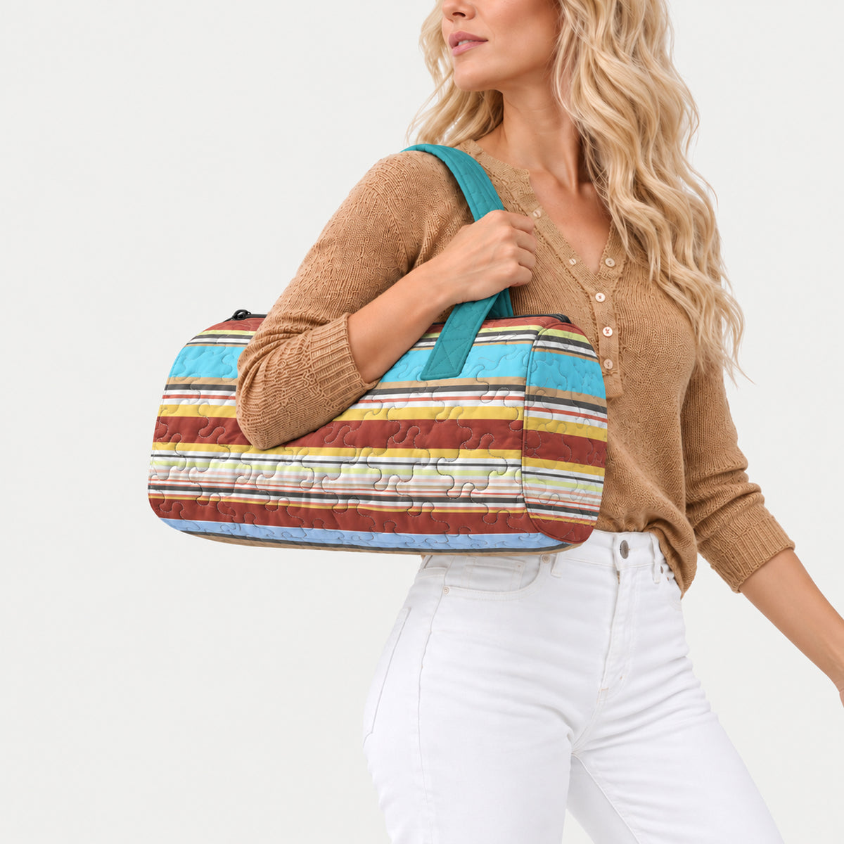 Striped Print Blue and Orange LumLock™ Lightweight Quilted Duffle Bag with Zipper
