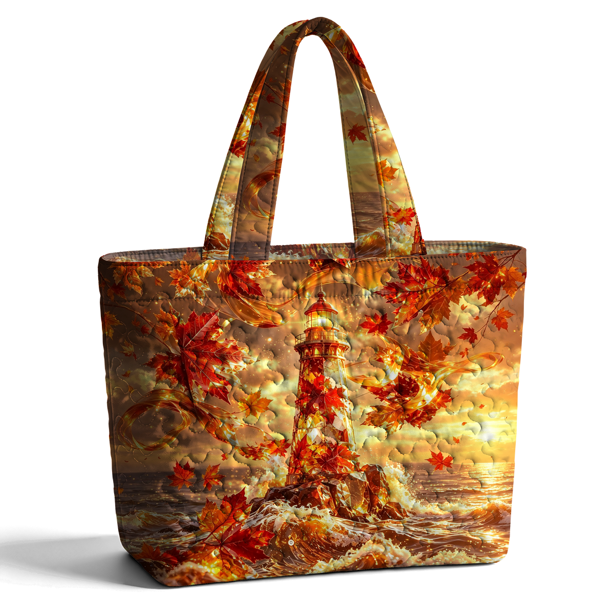 Lighthouse Print Maple Leaves LumLock™ Lightweight Quilted Tote Bag
