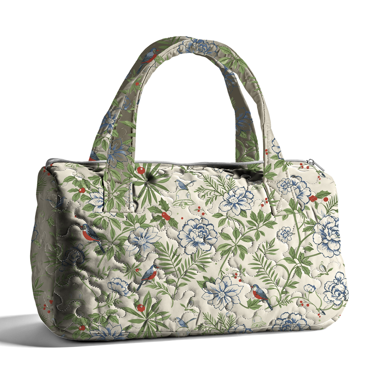 Christmas Flowers, Herbs, Red Berries, and Little Birds LumLock™ Lightweight Quilted Duffle Bag with Zipper