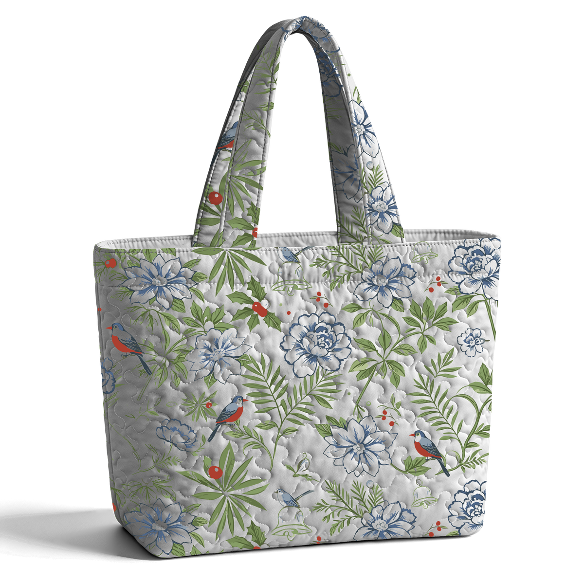 Christmas Flowers, Herbs, Red Berries, and Little Birds LumLock™ Lightweight Quilted Tote Bag