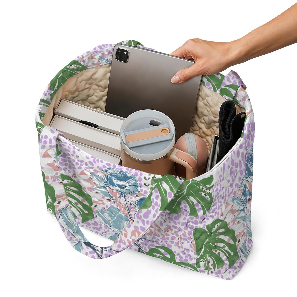 Rose Monstera  LumLock™ Lightweight Quilted Tote Bag