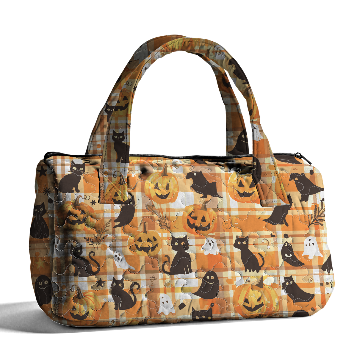 Halloween Pumpkin Cat Gingham LumLock™ Lightweight Quilted Duffle Bag with Zipper