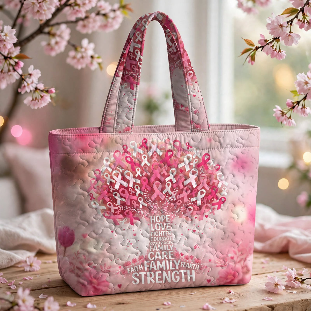 Hope & Strength Ribbon Tree Quilted Tote Bag LumLock™ Lightweight Quilted Tote Bag