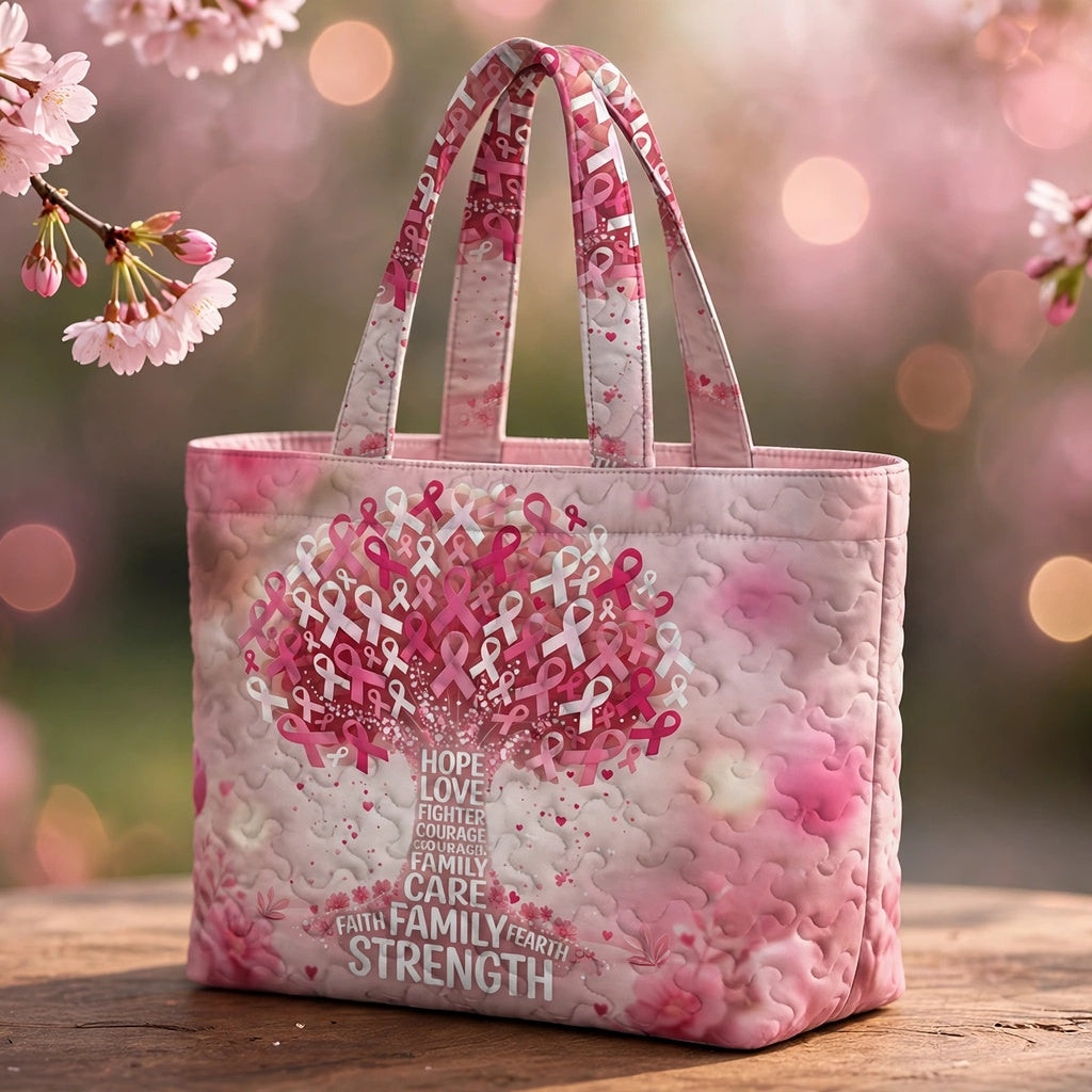 Hope & Strength Ribbon Tree Quilted Tote Bag LumLock™ Lightweight Quilted Tote Bag